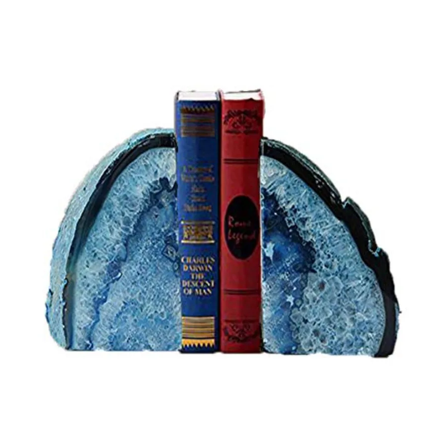 

Blue Agate Bookends Geode Book Ends for Shelves Decorative Crystal Bookends Heavy Duty Bookend Bookshelf Decor with Rubber Bump
