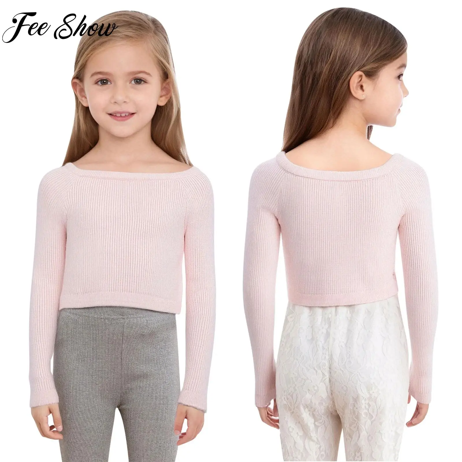 طفل الفتيات الجمباز الرقص التدريب محبوك القمم قارب الرقبة طويلة الأكمام سترة المحاصيل الأعلى الباليه الرقص ممارسة الاحماء ازياء #1