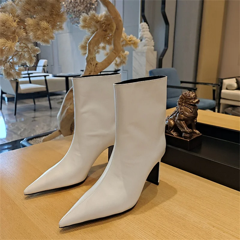 

Arden Furtado 2024 Spring Autumn Metal microfiber Short boots Pointed toe Chunky heels Sexy Slip-on Sliver Modern boots