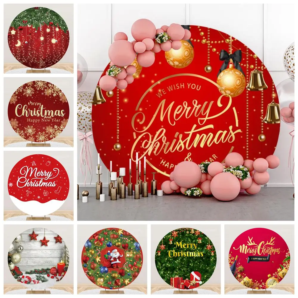 

Merry Christmas Round Backdrop Cover Jingle Bells Gifts Holly Leaves Xmas Family Party Circle Photography Background Decor