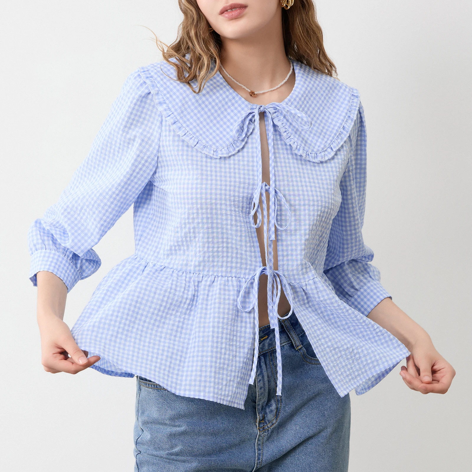 Thorn Tree Women Autumn Plaid Print Shirts Ruffles Bowknot Hollow Out Long Sleeves Loose Elegant Tops and Blouse Shirts Tops