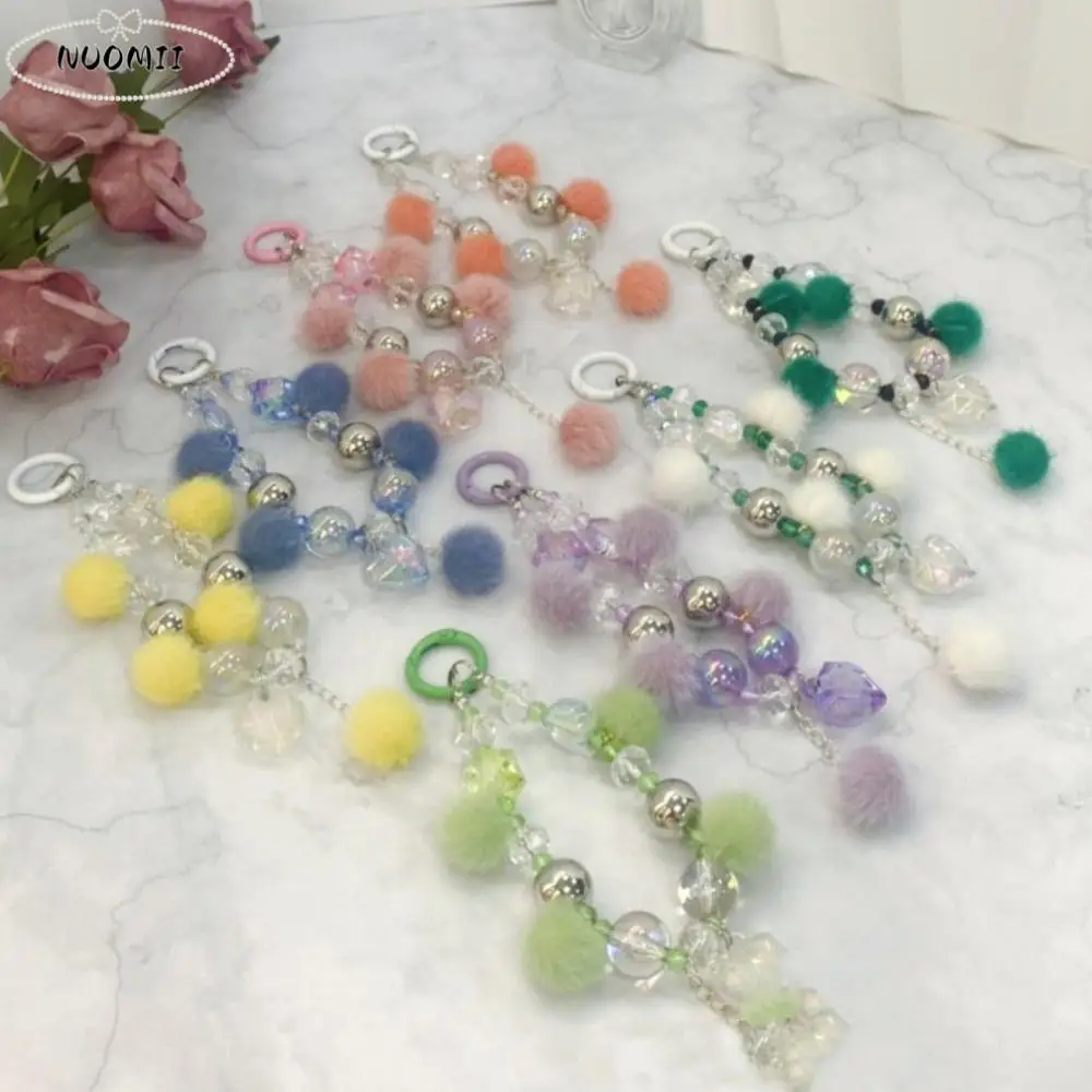 Trendy Vintage Plush Ball Beaded Pendant Wrist Strap Keychain Mobile Phone Lanyard Charm Ins Anti-loss Phone Strap Women