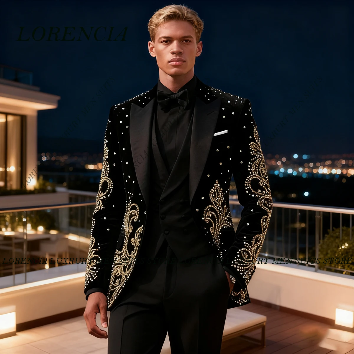 

Customized High End Metal Embellished Men Suits Peaked Lapel Groom Tuxedos 2 Pieces Sets Beadeds Party Prom Blazer Ropa Hombre