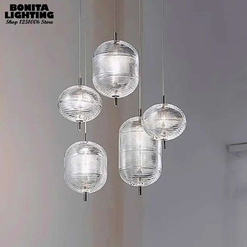 Modern Silk Ball Led Hanging Chandelier for Living Room Bedside Hotel Restaurant Decor Lighting Striped Clear Glass Pendant Lamp