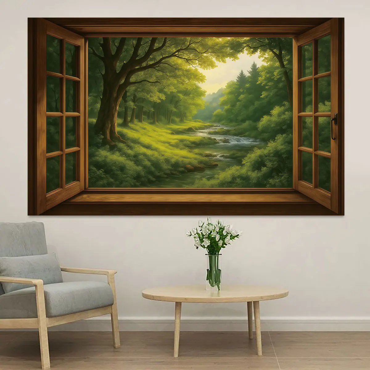 1PC Forest Stream Window Landscape Flat Wall Sticker Self Adhesive Art Mural For Living Room Bedroom Interior Decor