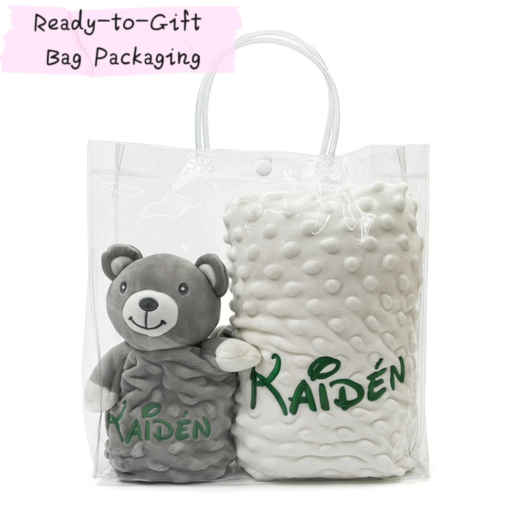 Personalisiertes Minky-Babydecken- & Hasen-Schmusetuch-Set mit individuellem Namen, bestickt, weich, beruhigend für Neugeborene, Geschenk zur Babyparty – Detail 4