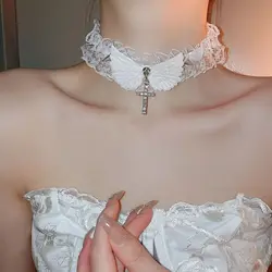 Lolita Solid Color Women's Necklace Wide Lace Rivets Lace Choker Angel Wings Cool Leather Necklace Daily Wear