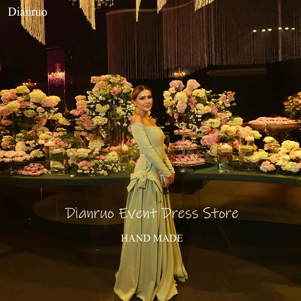 

Dianruo Sage Green A Line Evening Dresses Off Shoulder Satin Special Occasion Gowns Bow Detailed Celebrity Dresses Customized