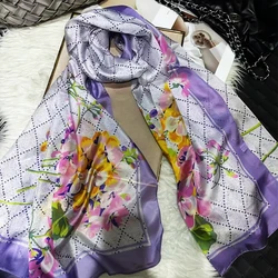 Purple 100% Silk Scarf Shawl Bufanda Women Spring Fall Fashion Floral Design Scarf hair Hijab Winter Long Scarves Wraps Bufanda