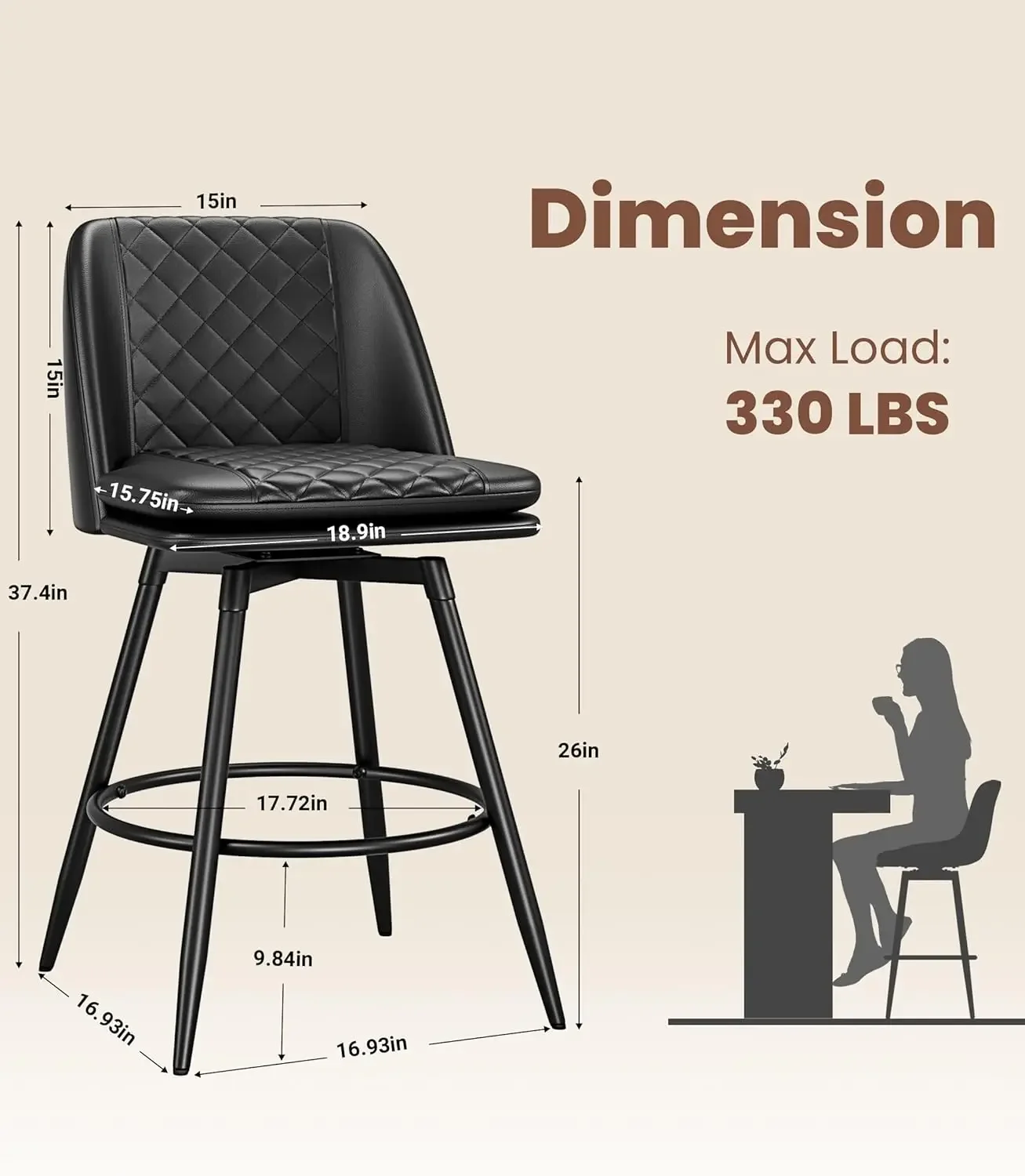 26 inch Bar Stools Set of 4,360° Swivel Counter Height Barstools ,Double-Layer Upholstered Faux Leather Modern Bar Chair