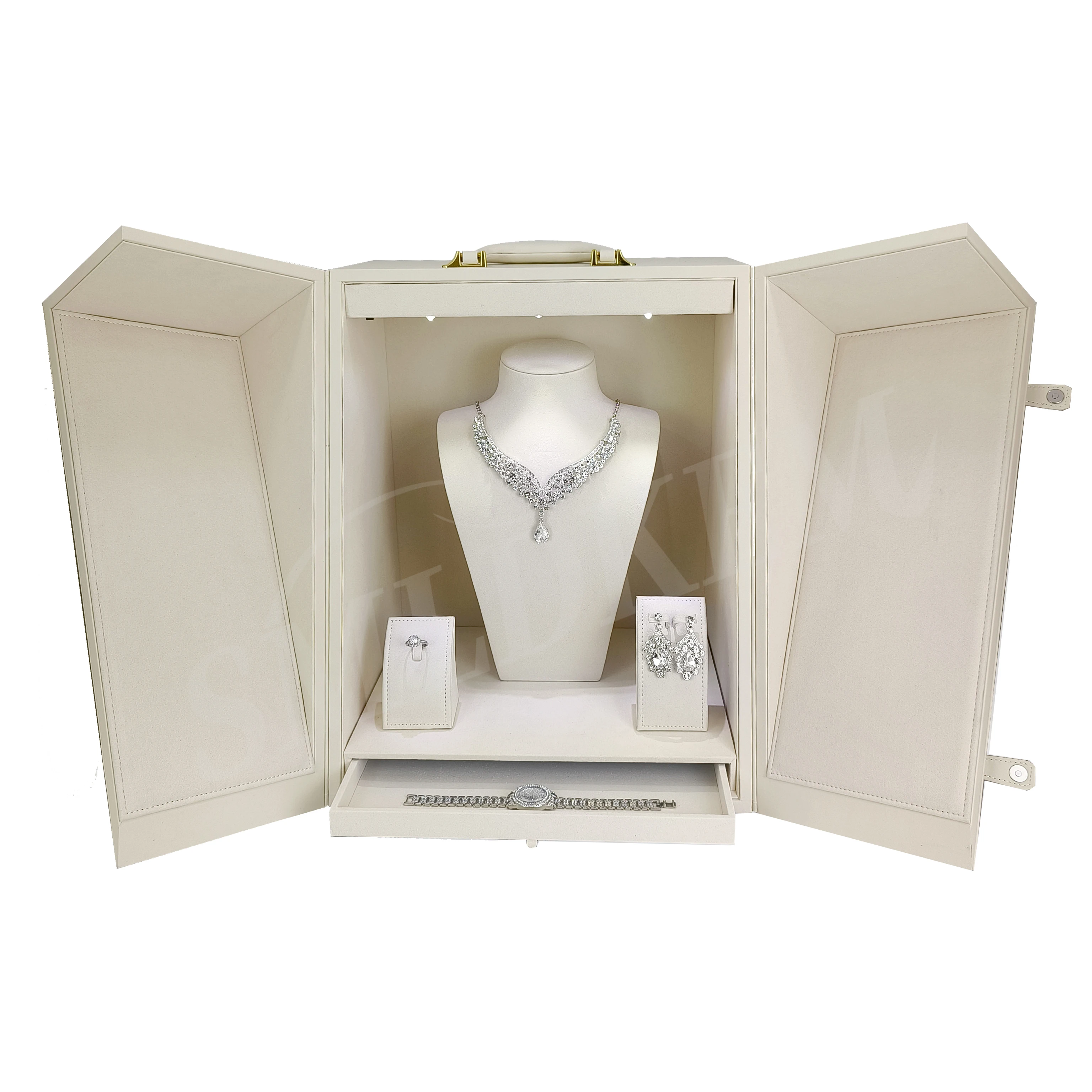 Luxury Jewelry Display Handle Box Necklace Pendant Rack Ring Large Size Double Door Leather Jewelry Display Case（Only Box)