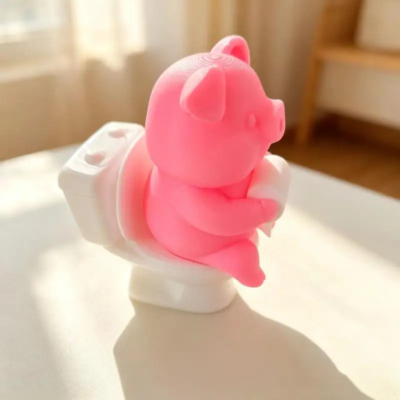 New Funny 3D Printed Cartoon Plastic Pig Figurine Sitting On Toilet Wall Mounted Desk Shelf Decor