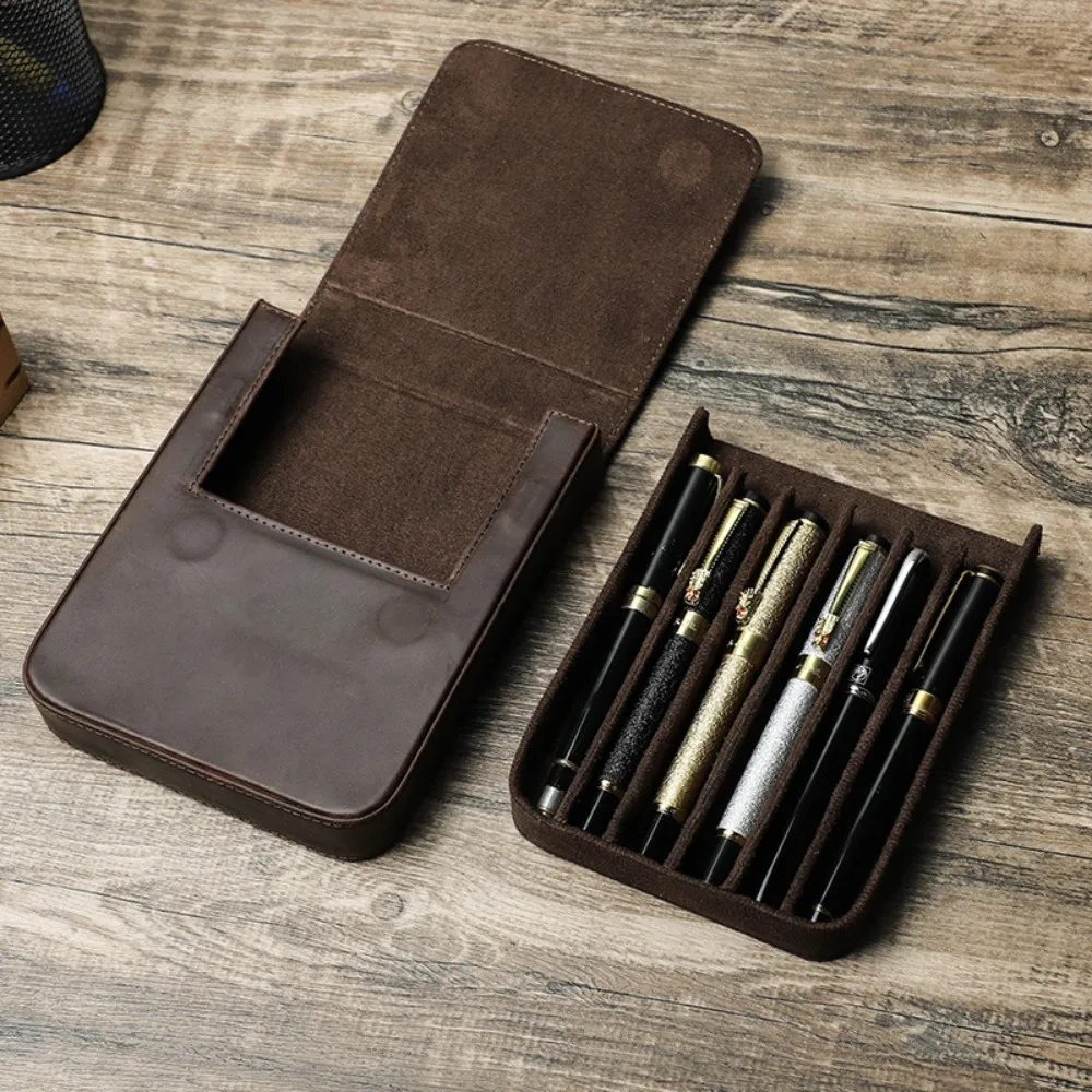 Luxury Cowhide Leather 6Slots Specification Fountain Pen Tray Holder Pencil Case Office School Supplies Pouch Protective Cover