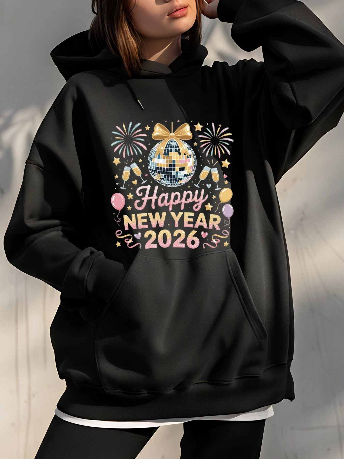 

Новогодняя толстовка с капюшоном «С Новым годом 2026, диско-шар, фейерверк, принт, унисекс, повседневная толстовка для женщин и мужчин, праздничная одежда