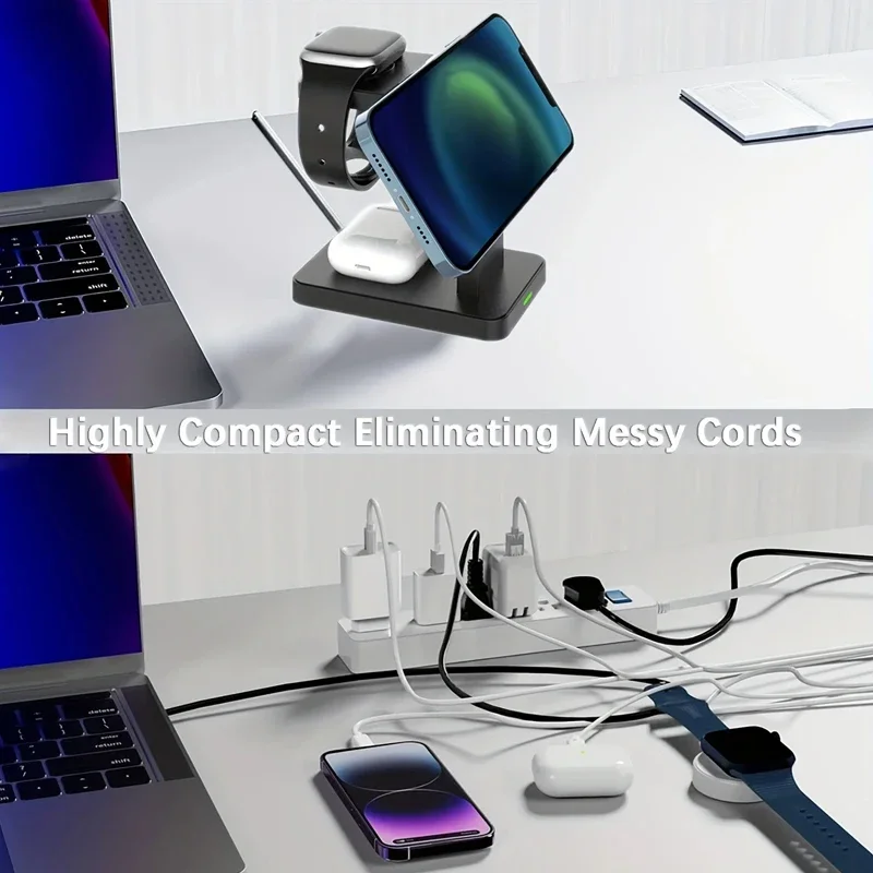 حامل شاحن لاسلكي مغناطيسي VIKEFON ، قاعدة شحن سريعة ، iPhone 15 ، 14 ، 13 Pro Max ، Apple Watch 1-8 ، AirPods 3 ، 3 في 1