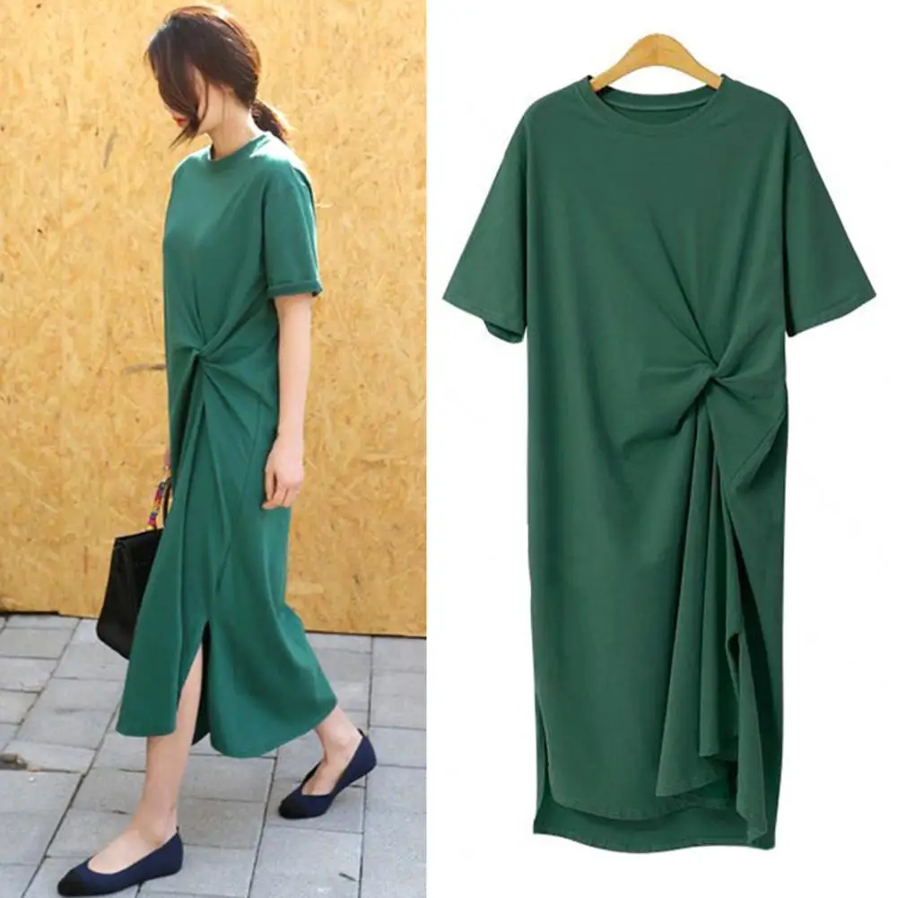 

Women Summer Midi Dress Elegant Women's Summer Midi Long Dresses with Ruched Knot Patchwork Design O-neck Short for Casual