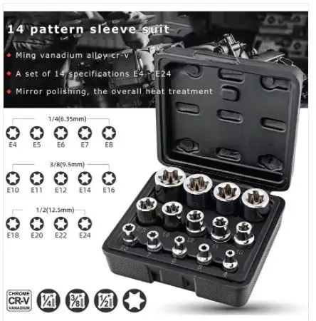 Juego de 14 Llaves de Estrella E-TORX para Mujer, Juego de Llaves de Torque E4 - E24, 1/4"Dr., 3/8"Dr., 1/2"Dr.