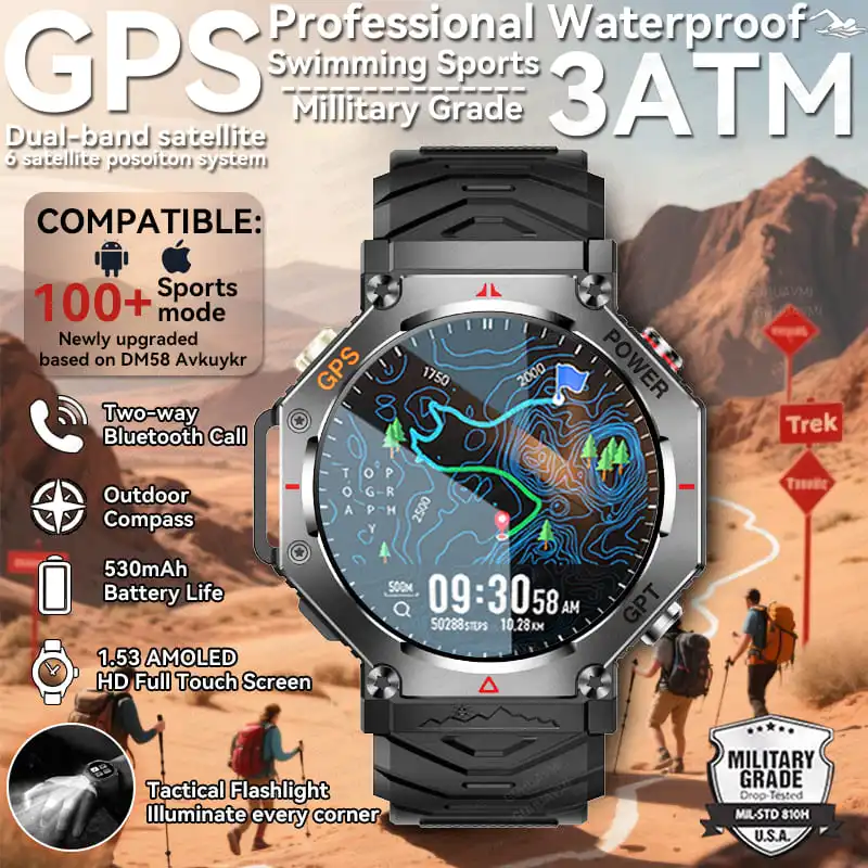 

Новинка 2025 года, умные часы с GPS-позиционированием, мужские 3 атм, водонепроницаемые, 100 + спортивный режим, компас, высотомер, BT Call, военные фитнес-браслеты