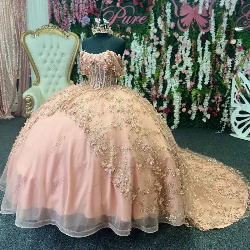 Pink Off The Shoulder Long Beading Crystal Quinceanera Dresses Ball Gown 3D Flowers Gold Appliques Lace Up Sweet Princess 2024