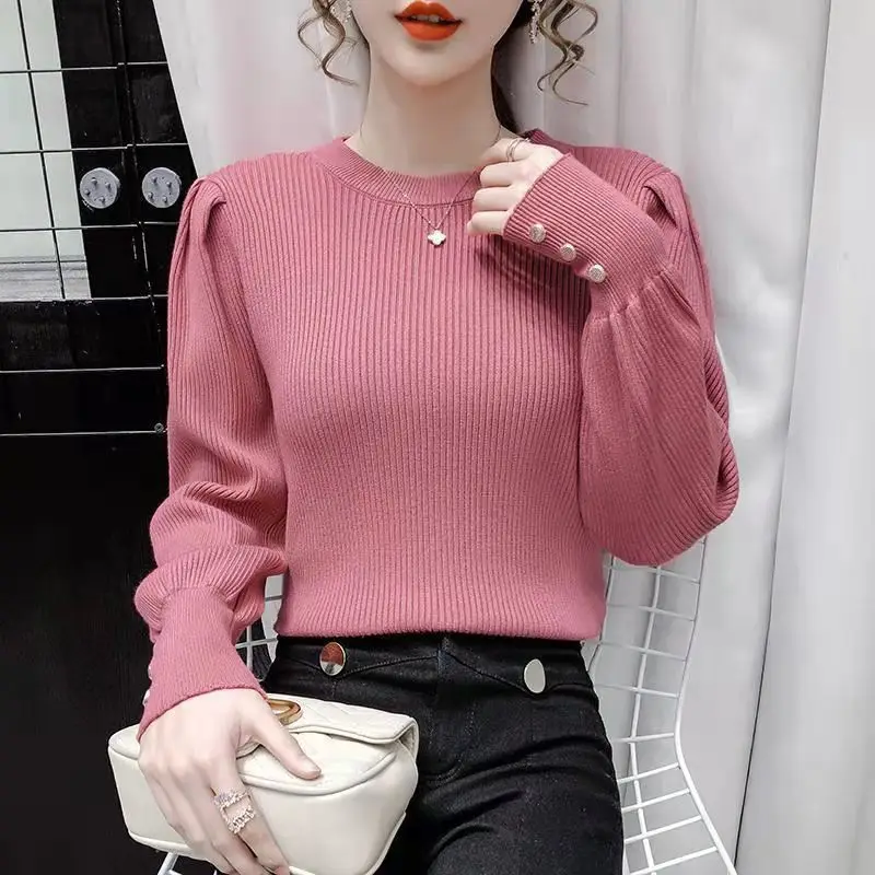 Elegant O-Neck Knitted Button Puff Sleeve Sweaters Women Clothing 2023 Autumn Winter Loose Korean Pullovers Commute Tops