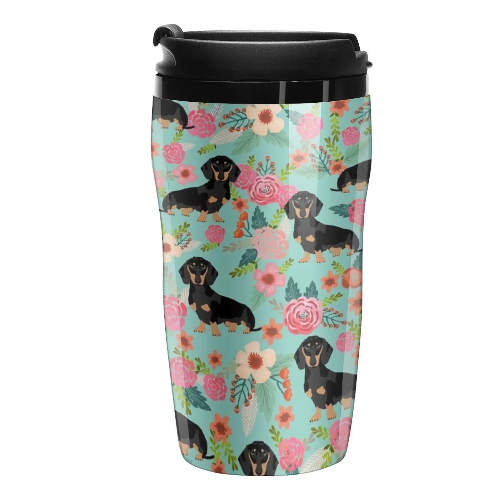 

Doxie Florals - vintage doxie and florals gift gifts for dog lovers, dachshund decor, black and tan doxie Trav Travel Coffee Mug