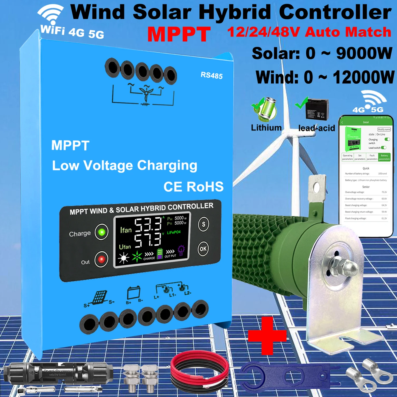 3000W Built-In WiFi 12V24V48V MPPTHybrid Solar Controller Wind Turbine,With Unloading Load LCD Display, For Lifepo4 Full Battery