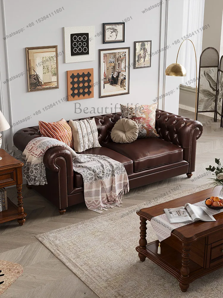 

American sofa country classic retro style furniture pull button leather sofa combination