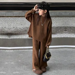 Girl Knitted Clothes Set Outfit Teenager Sweaters Wide Leg Pants Two Pieces Children kids Brown Suits 8 10 12 14 ensemble fille