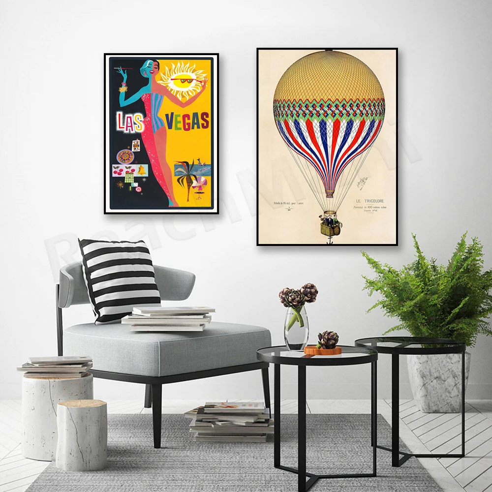 Las Vegas - Vintage Travel Art Vintage, Vintage Hot Air Balloon Art - Tricolor with French Flag Paris, 1874 Canvas Poster Print