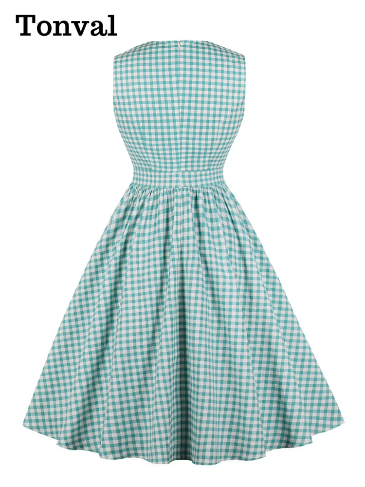 Tonval Turquoise and White Gingham Retro 50s Rockabilly Dress Women V-Neck Cotton Pleated Pockets Vintage Pinup Dresses