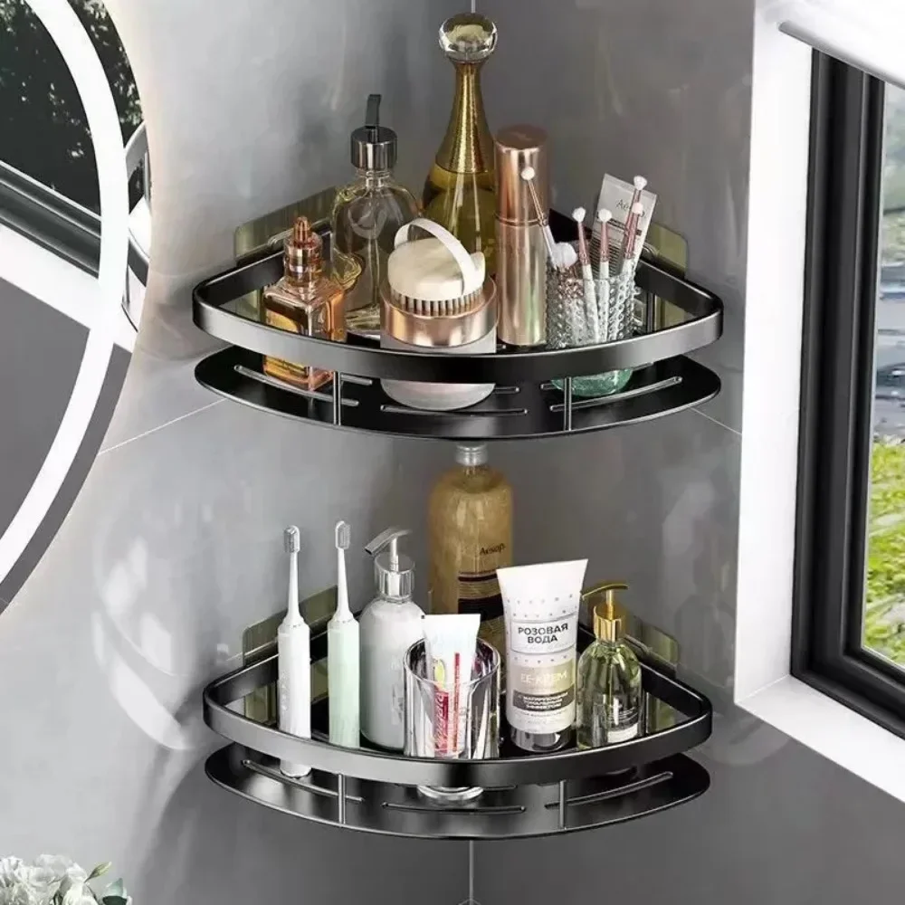 

Bathroom Shelf Aluminum Alloy Shampoo Rack Makeup Storage Organizer Shower Shelf Bathroom Accessories No Drill Wall Corner Shelf