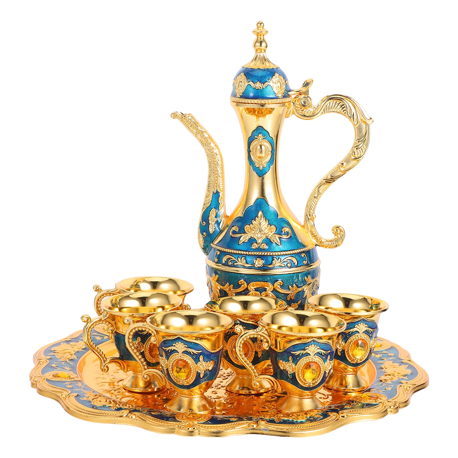 

Vintage Turkish Coffee Pot And Cup Set With Tray Retro Zinc Alloy Shot Glass Golden blue/golden White For Tea Party Wedding