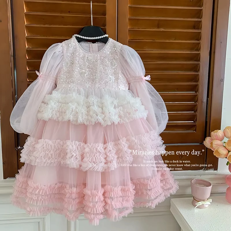 New Fashion Children's Sequin Decoration Princess Skirt Sweet Cute Girls' Dress Long Sleeved Heavy Duty Fluffy Mesh Cake Dress