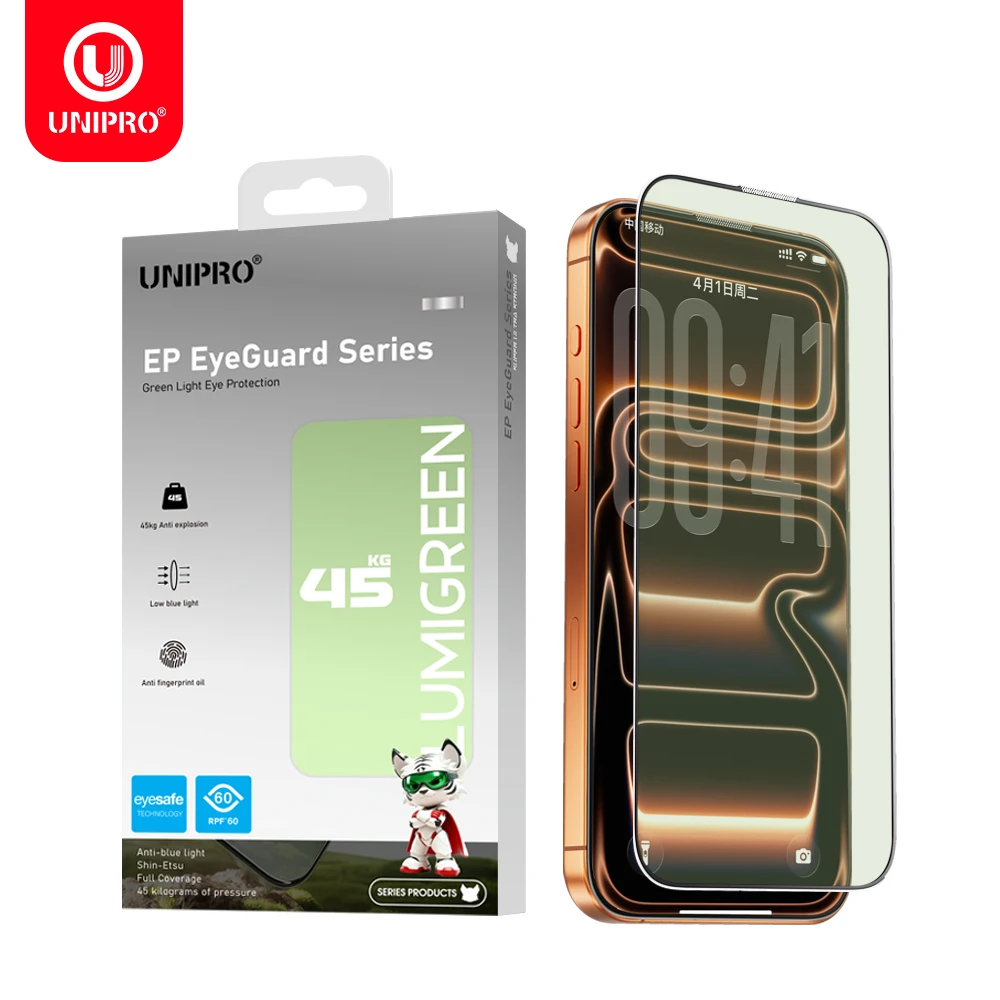 UNIPRO 45KG, película de vidro temperado com proteção contra luz azul para iPhone 18, 17, 16, 15 Pro Max, 18 Duo, película protetora de ecrã com proteção contra luz verde, resistente a riscos.