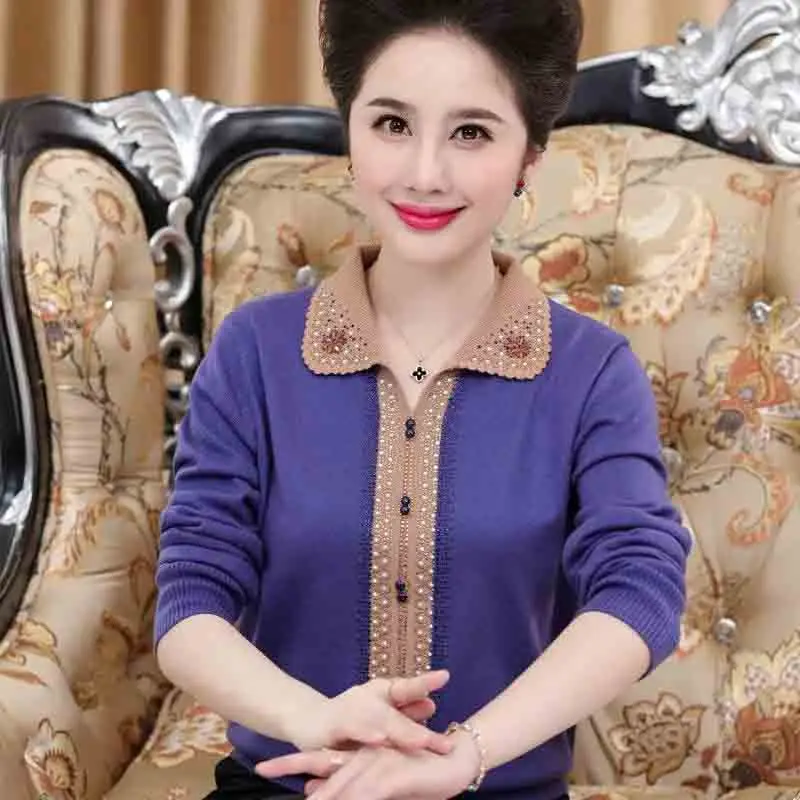 Women's Spring And Autumn Top Casual Loose Sweater Solid Color Long Sleeves Autumn Women's Diamond Knitted Lapel