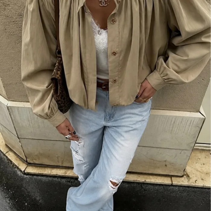 Retro Loose Feel Shirt Stand Collar Gathered Bubble Sleeve Lightweight Versatile Elegance Women's Shirt Korean Style