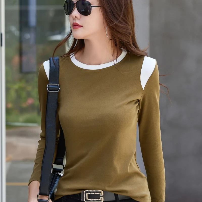 Spring Autumn New Round Neck Long Sleeve Fashion T-Shirts Women High Street Contrast Color Pullovers Elegant Pure Cotton Tops