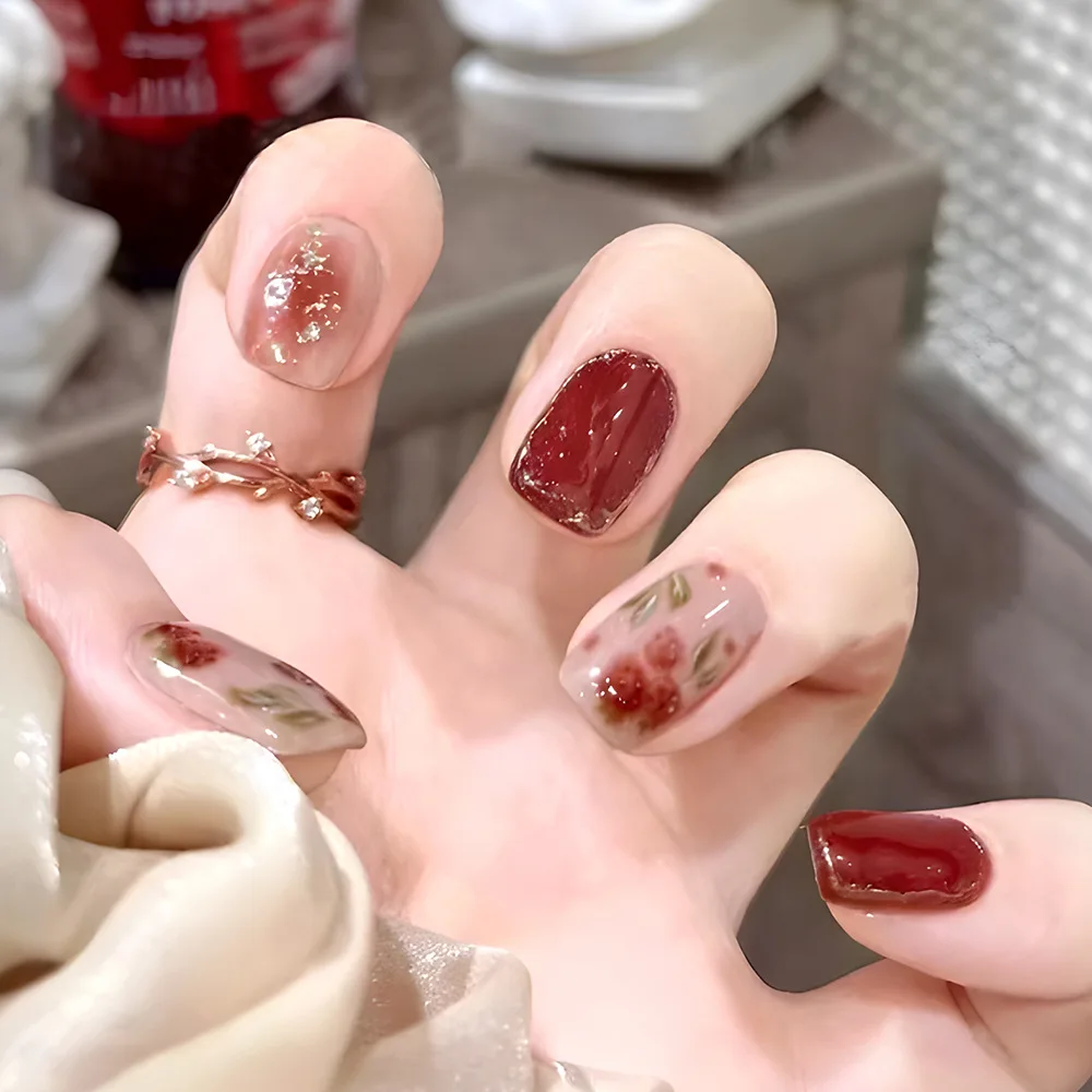 

24Pcs Short Square Head False Nails with Red Cherry Design Press on Nails Shiny Sequin Datachable Full Cover Fake Nails Tips Art