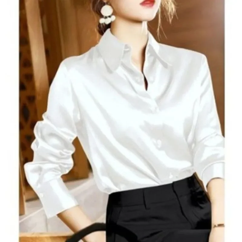 2024 Spring/Summer New Light Luxury High end Shirt Imitation Silk Long Sleeve Loose Commuter Fashion Top Trend