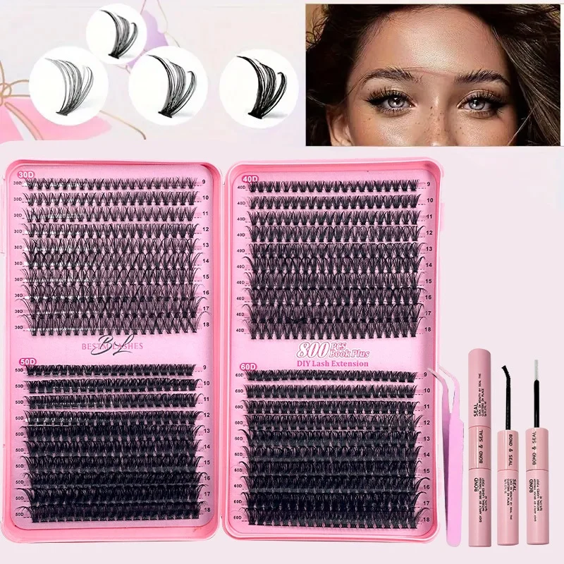 800pcs Lash Book Kit, 9-18mm, Tweezers, Bond & Seal, Glue Remover, Lash Brush, Waterproof False Eyelashes, Reusable Individual L