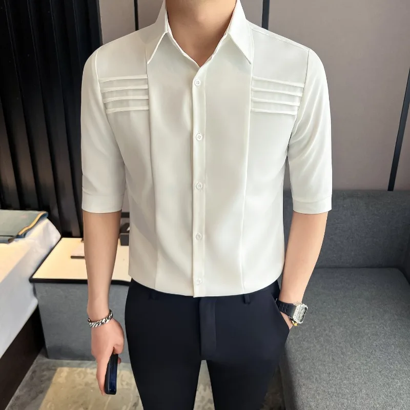 British Style Spliced Men's Shirt Half Sleeved Casual Business Formal Shirts Solid Color Versatile Social Nightclub Streetwear