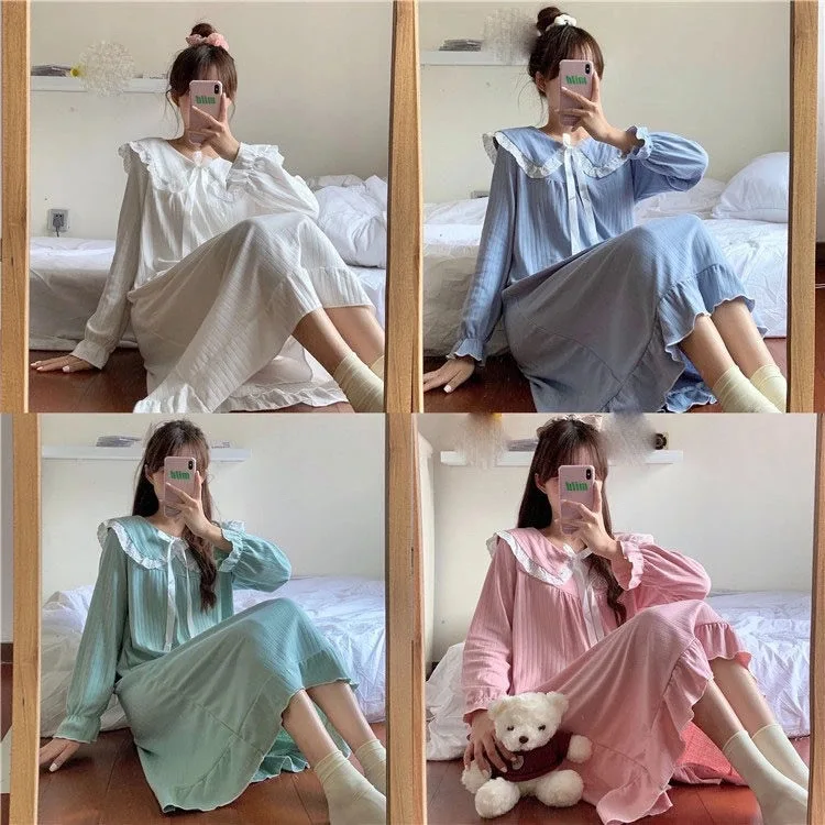 Princess Style Long Sleeve Sleep Dress Women's Doll Collar Cute over Knee Home Clothes Korean Version Fairy Tale Design
