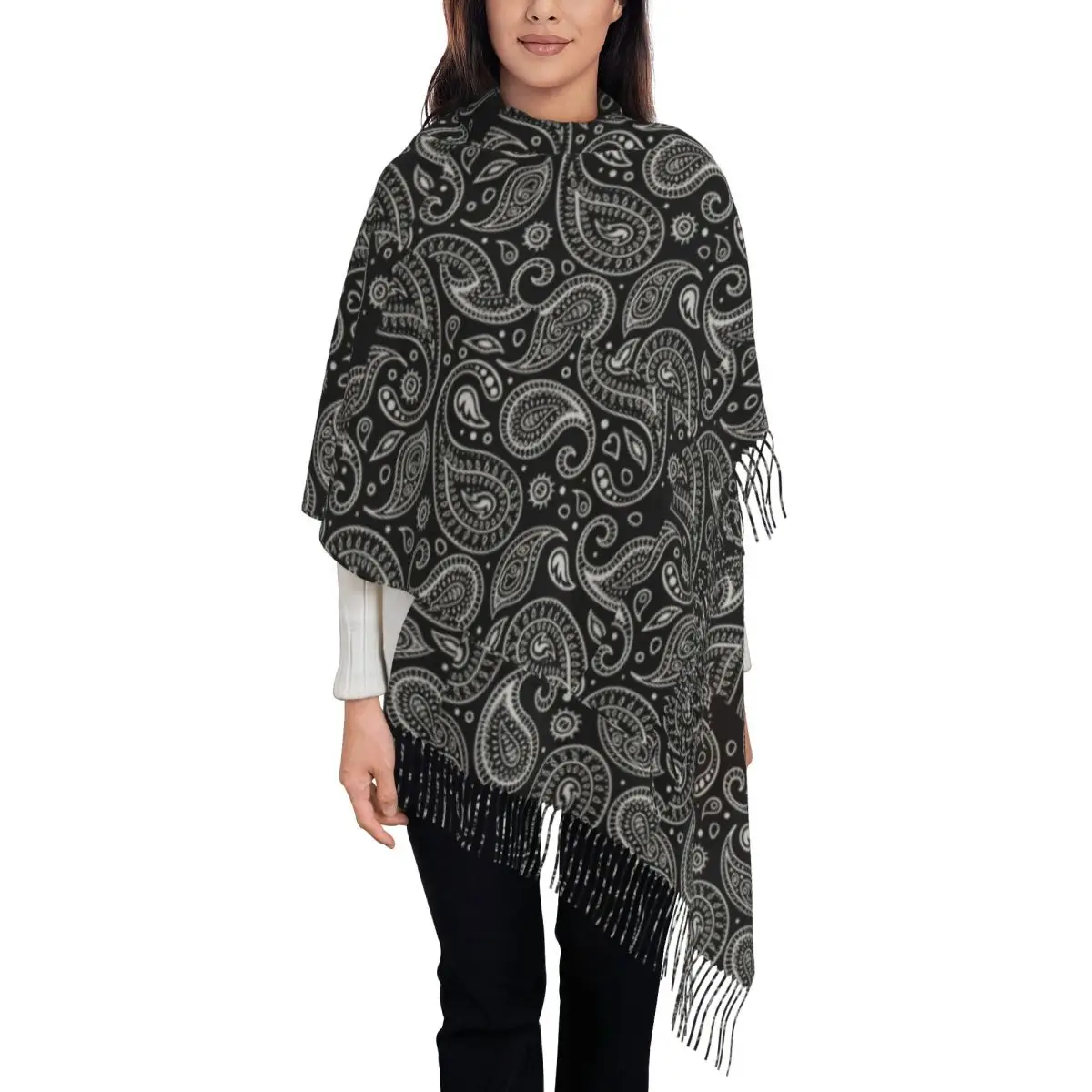 

Black Paisley Pattern Bandana Print Scarf Wrap for Women Long Winter Warm Tassel Shawl Unisex Scarves