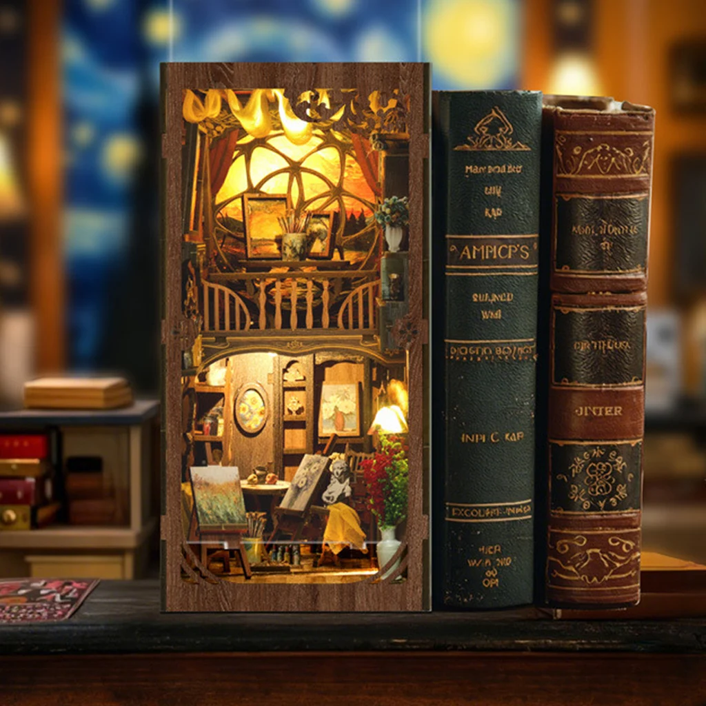 OUZEY Kit de bricolage de coin de livre en bois 3D - Modèle miniature « Un monde dans un cadre » avec figurines, cadeau de décoration d'étagère fait à la main