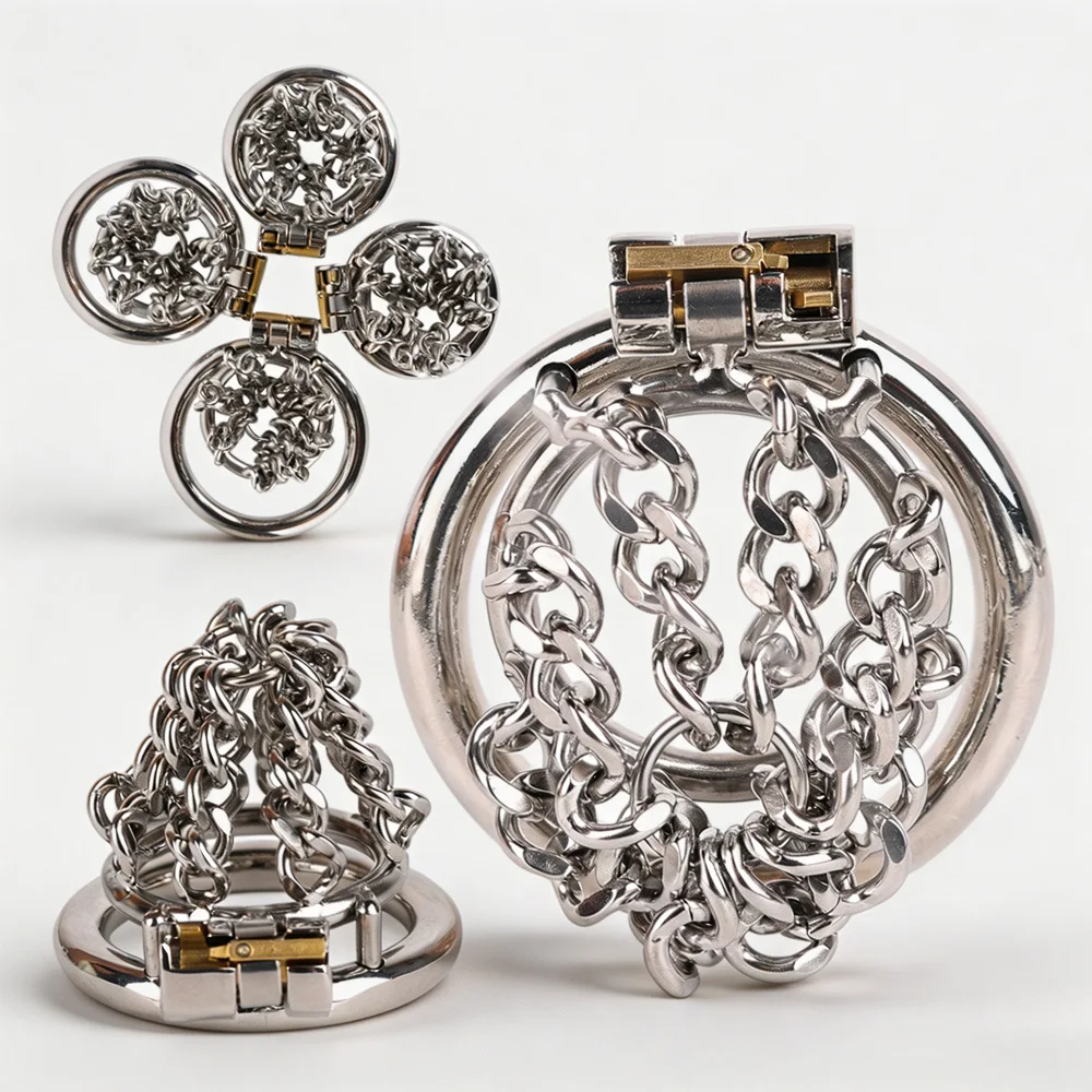 LEZEE Hollow Out Chastity Cage Lock Ring Cock Cages Chain Penis Cage With Key Stainless Steel Cock Locking BDSM Sex Toys