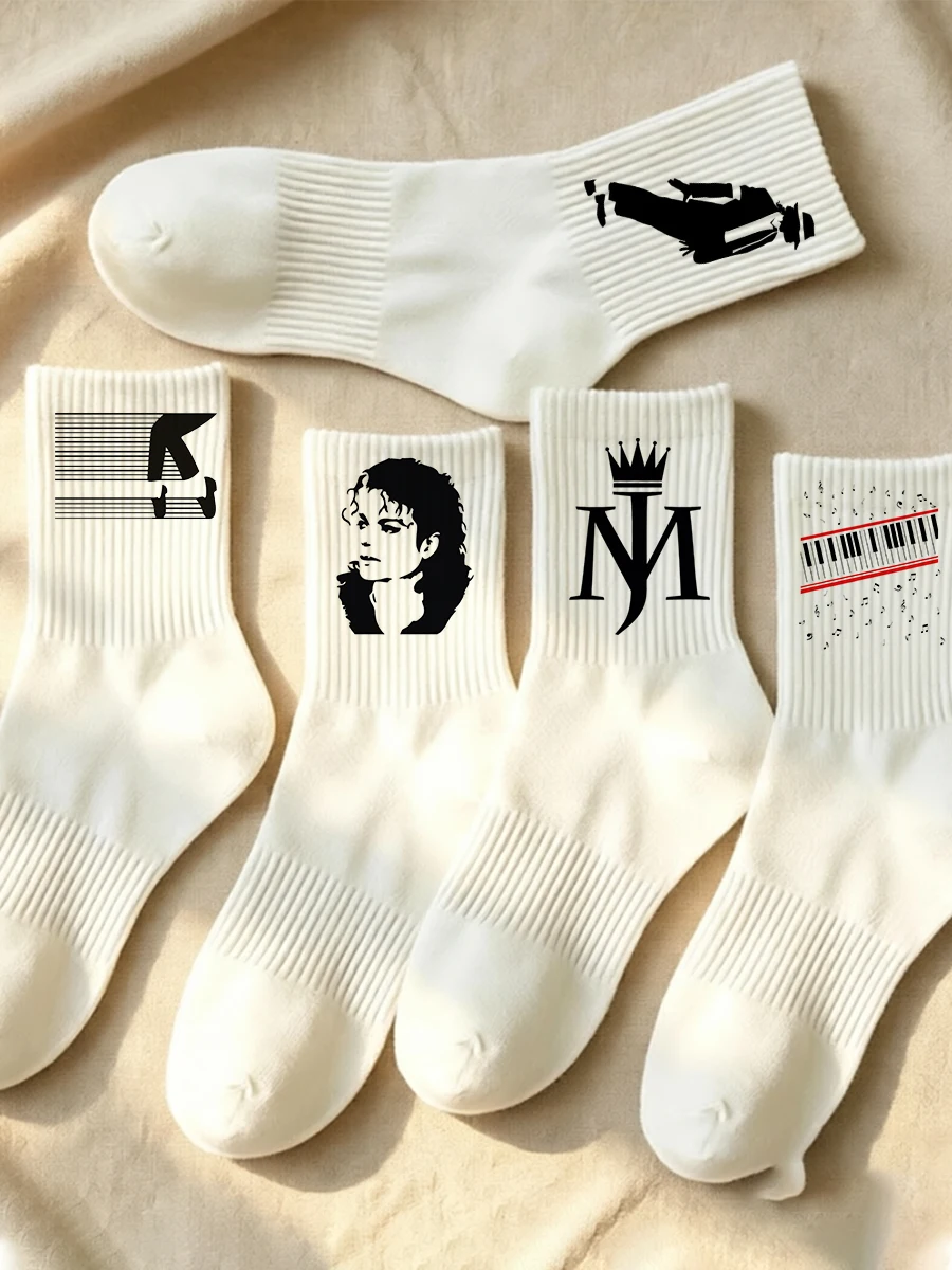 ROCK MUSIC MJ Weiße Socken für Damen, Weiche Atmungsaktive Sportsocken, Lange Socken in Übergröße, Herbst-Winter, Schweißabsorbierend, M-Michael-JACKSON-Socken