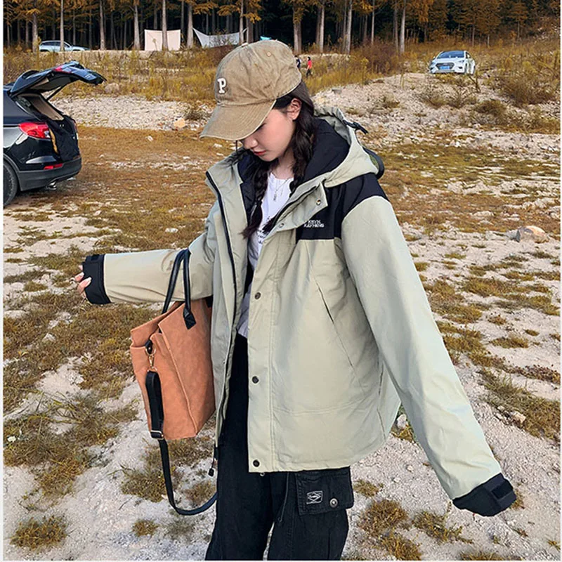 

2024 Winter Autumn Loose Womens Jackets Fashion Patchwork Bomber Outwear Hooded Hop Hip Jacket Casual Print Outdoor Streetwear