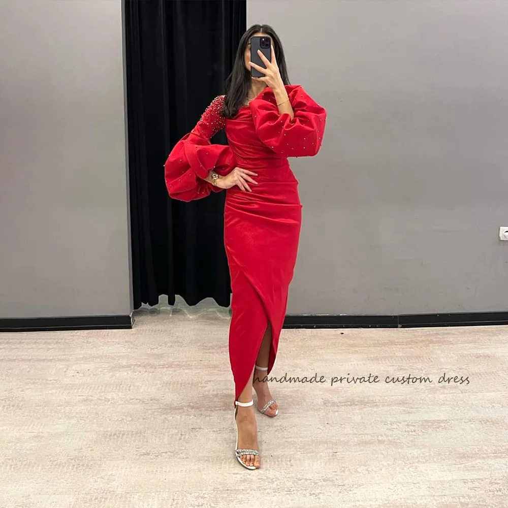 

Red Satin Mermaid Saudi Arabic Evening Dresses Pearls Puff Long Sleeve Front Split Prom Party Gowns Maxi Dubai Formal Dress 2023