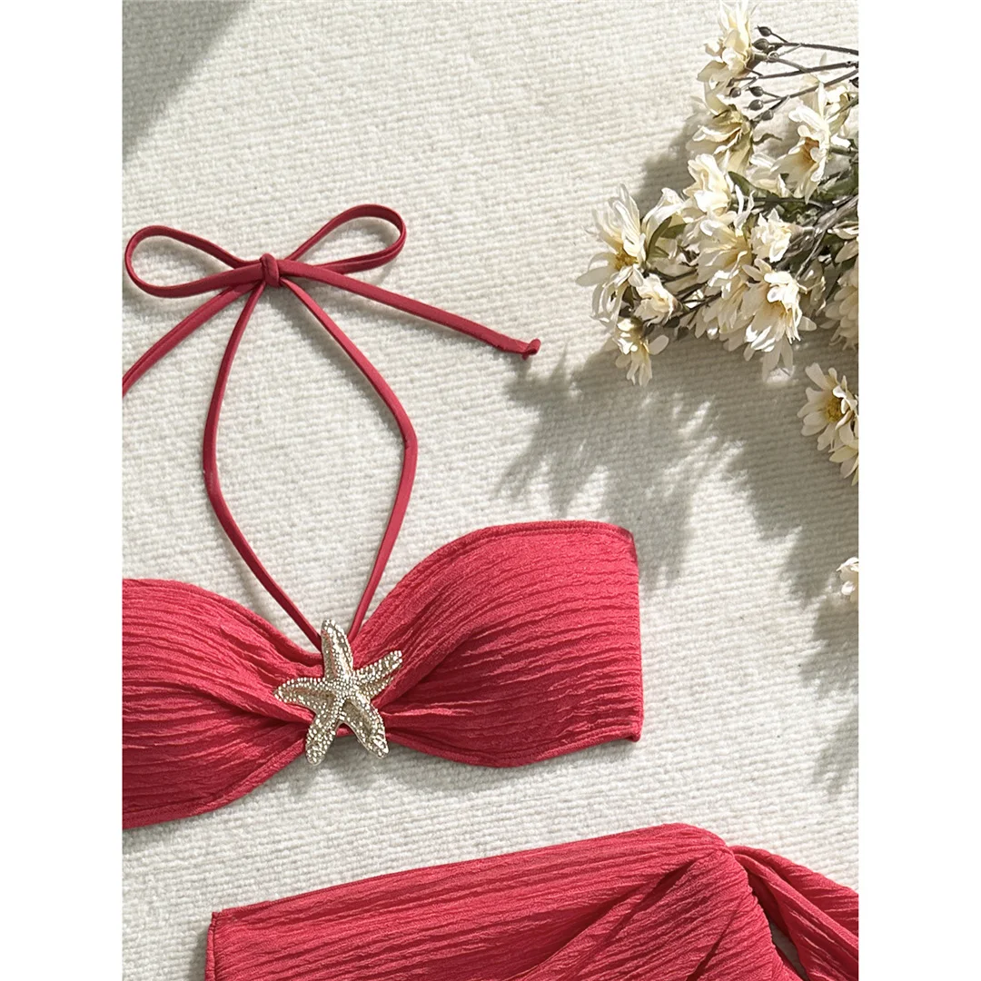 3-teiliges Set mit Sarong, Metallstern-Halterneck-Bikini, Damen-Badeanzug, Damen-Badebekleidung, dreiteiliges Bikini-Set, Badeanzug, Badebekleidung, Schwimmbekleidung V7042 – Detail 29