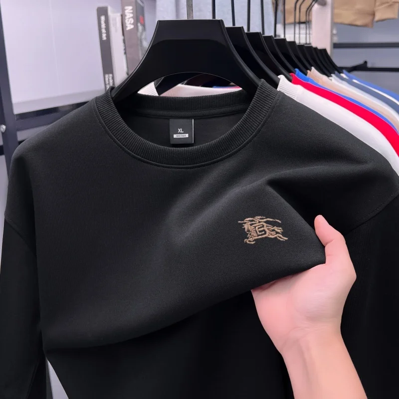 High end marca masculina manga longa em torno do pescoço pulôver outono moda cavalo de guerra bordado original luxo esportes lazer camiseta